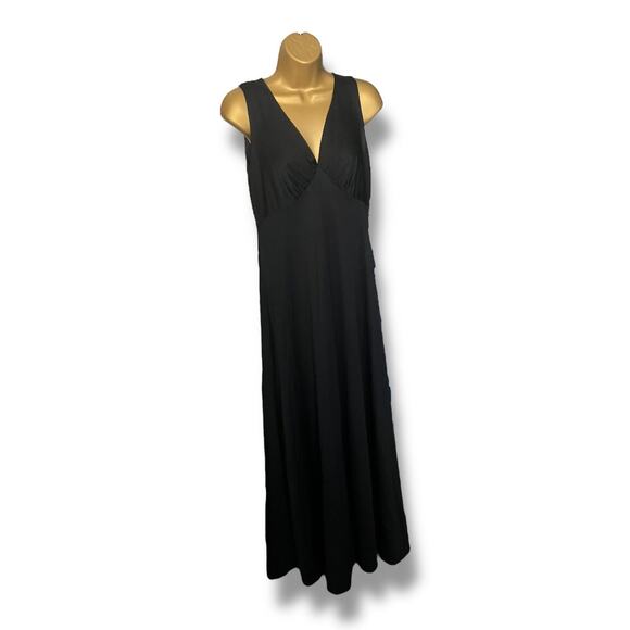 1970s Vintage Black Maxi Dress Sleeveless Deep V Neck Boho Glam - Picture 2 of 8